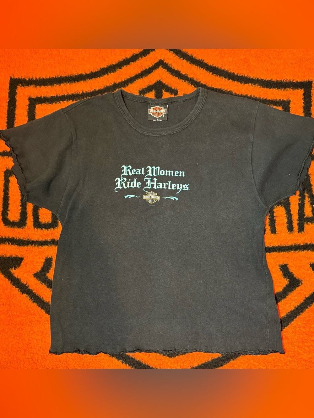 Harley-Davidson vintage Black Tee with Teal 'Real Women Ride Harleys' Graphic